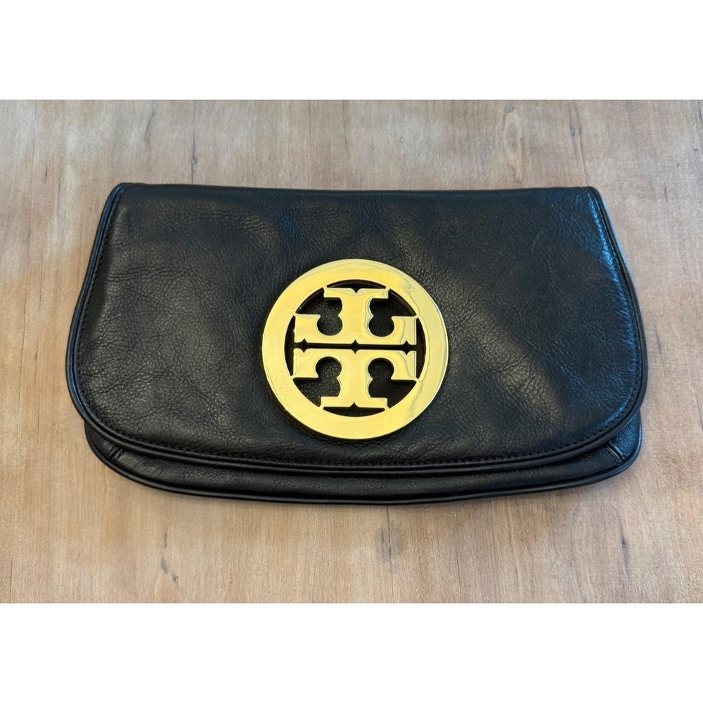 Tory Burch Logo Clutch Bag Womens Medium Black Leather Party Cocktail Evening